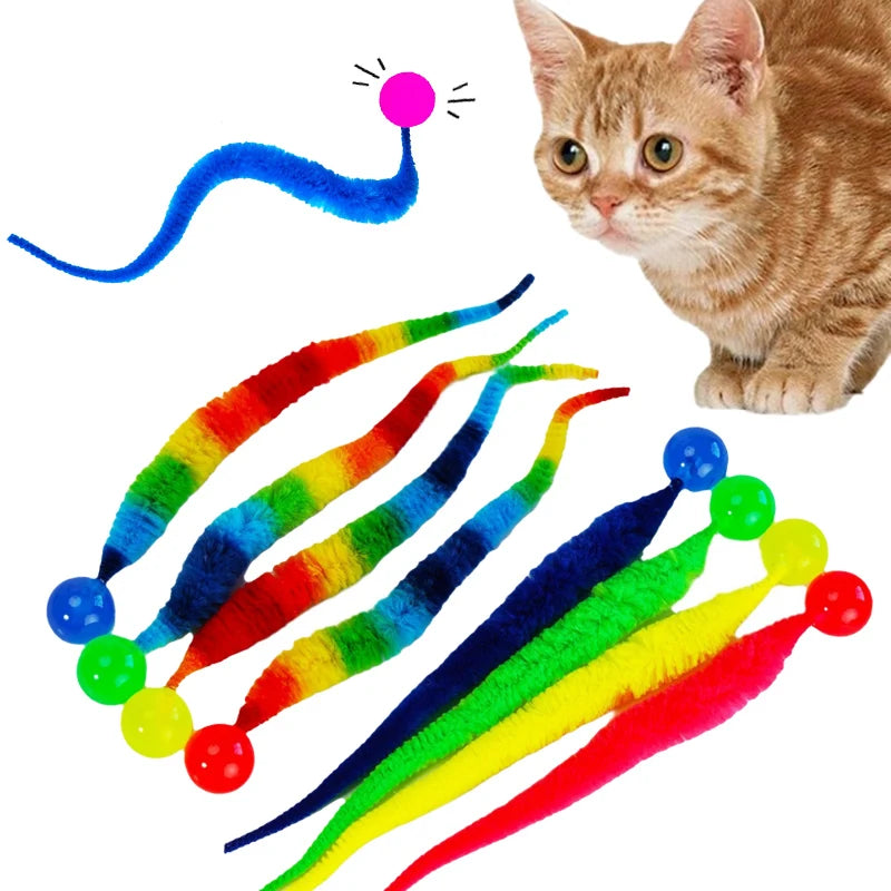 🐛 Rainbow Worm Cat Toy – Elastic Bouncing Balls for Interactive Fun